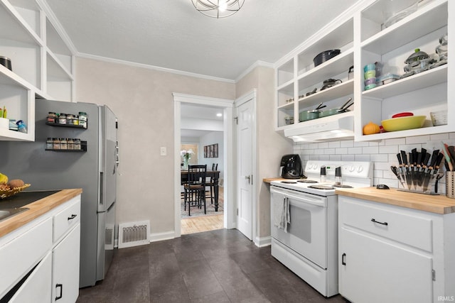 1324 Maple Ave, Fort Wayne, IN 46807 - kitchen with electric range, wooden counters, open shelves, under cabinet range hood, and ornamental molding