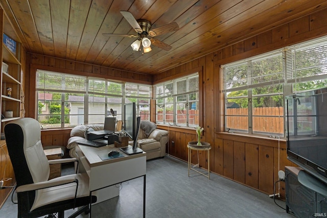 1324 Maple Ave, Fort Wayne, IN 46807 - home office with ceiling fan, wooden ceiling, wood walls, and wood finished floors