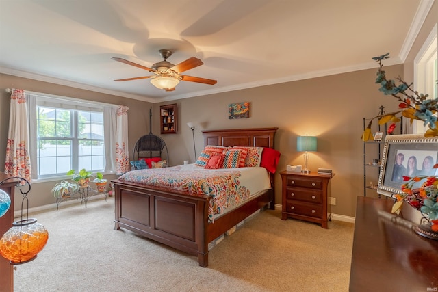 9142 Hartwell Dr, Evansville, IN 47725 - bedroom with light carpet, ornamental molding, baseboards, and ceiling fan