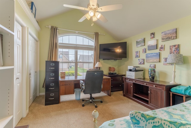 9142 Hartwell Dr, Evansville, IN 47725 - bedroom with light carpet, vaulted ceiling, a desk, and ceiling fan