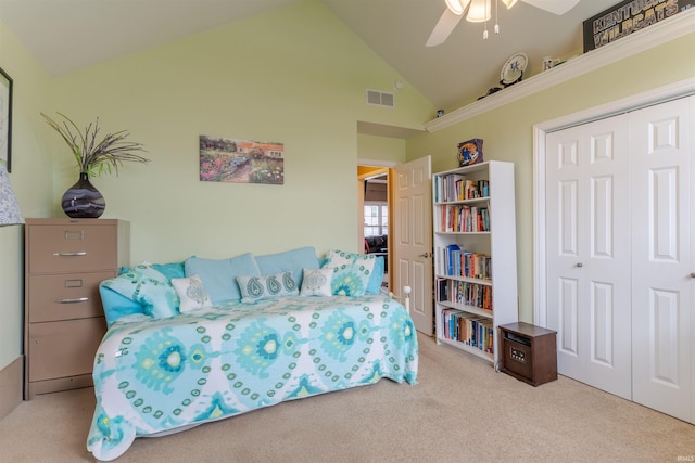9142 Hartwell Dr, Evansville, IN 47725 - bedroom featuring lofted ceiling, carpet floors, a closet, and a ceiling fan