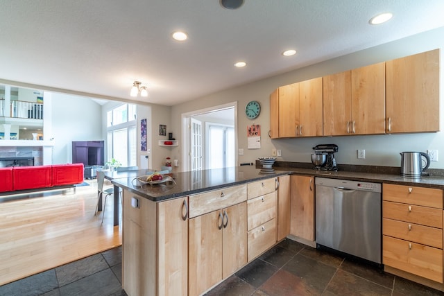3513 Crater Cv, Fort Wayne, IN 46804 - kitchen with dishwasher, a peninsula, light brown cabinets, open floor plan, and recessed lighting