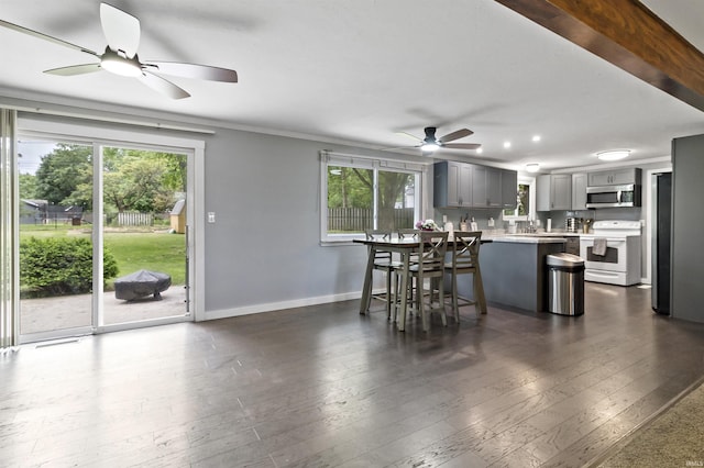 1875 N Michael Dr, Marion, IN 46952 - kitchen with white range with electric cooktop, stainless steel microwave, gray cabinets, light countertops, and ceiling fan
