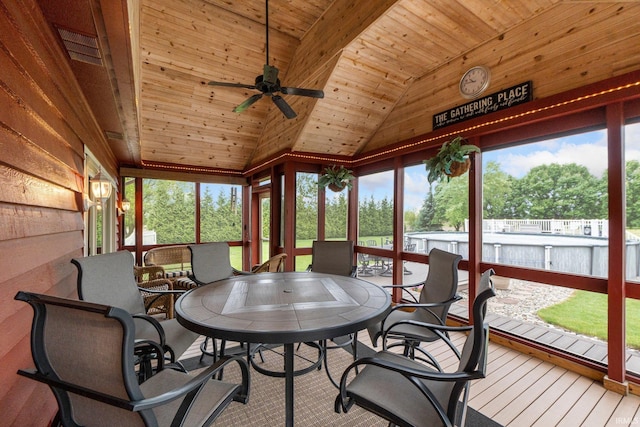 7800 E 400 S-92, Fort Wayne, IN 46818 - sunroom / solarium with wooden ceiling, a ceiling fan, outdoor dining area, wood finished floors, and high vaulted ceiling
