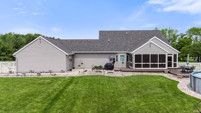 7800 E 400 S-92, Fort Wayne, IN 46818 - back of house featuring a sunroom, a wooden deck, and a shingled roof