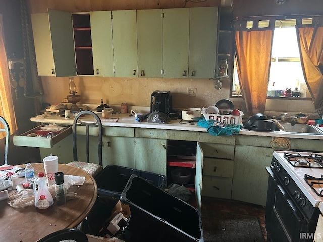 2216 N Philips St, Kokomo, IN 46901 - kitchen with range with gas cooktop, light countertops, green cabinets, and open shelves