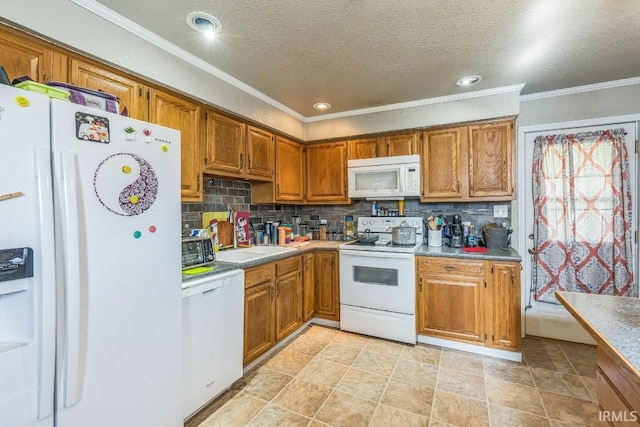 718 Center St, New Haven, IN 46774 - kitchen featuring white appliances, a sink, brown cabinets, backsplash, and a textured ceiling