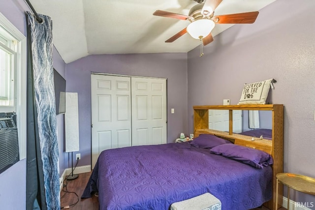 718 Center St, New Haven, IN 46774 - bedroom featuring lofted ceiling, wood finished floors, a ceiling fan, a closet, and baseboards