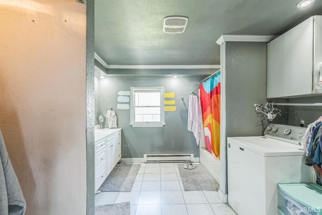 718 Center St, New Haven, IN 46774 - bathroom with washer / dryer, ornamental molding, a baseboard radiator, vanity, and shower / tub combo