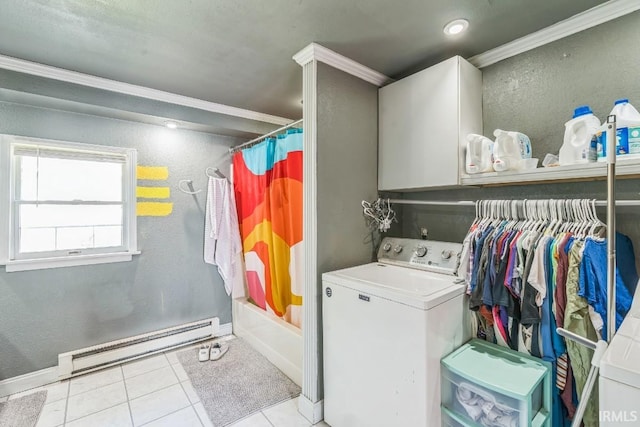 718 Center St, New Haven, IN 46774 - laundry room with washer / dryer, a baseboard heating unit, ornamental molding, tile patterned floors, and a textured wall