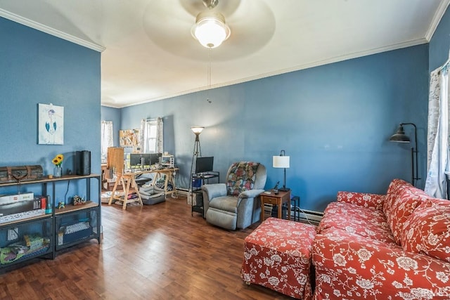 718 Center St, New Haven, IN 46774 - living area with ornamental molding, ceiling fan, and wood finished floors