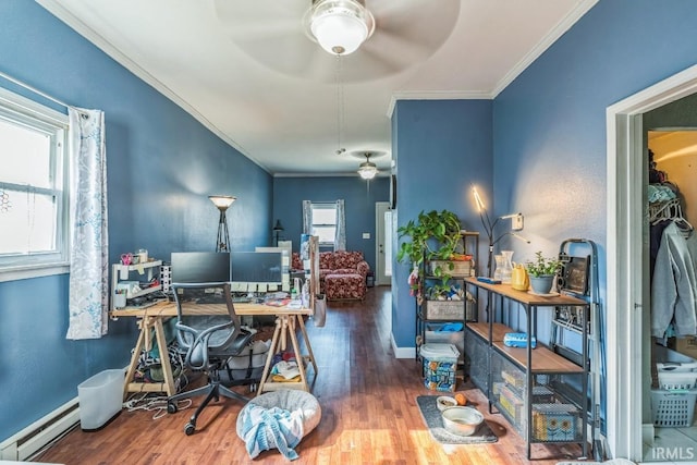 718 Center St, New Haven, IN 46774 - office featuring a ceiling fan, a baseboard heating unit, wood finished floors, crown molding, and baseboards