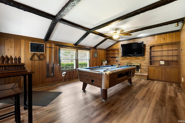 405 Inglenook Pl, Angola, IN 46703 - rec room featuring pool table, ceiling fan, wood walls, wood finished floors, and a brick fireplace