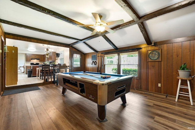 405 Inglenook Pl, Angola, IN 46703 - playroom featuring pool table, light wood-style floors, ceiling fan, and wood walls