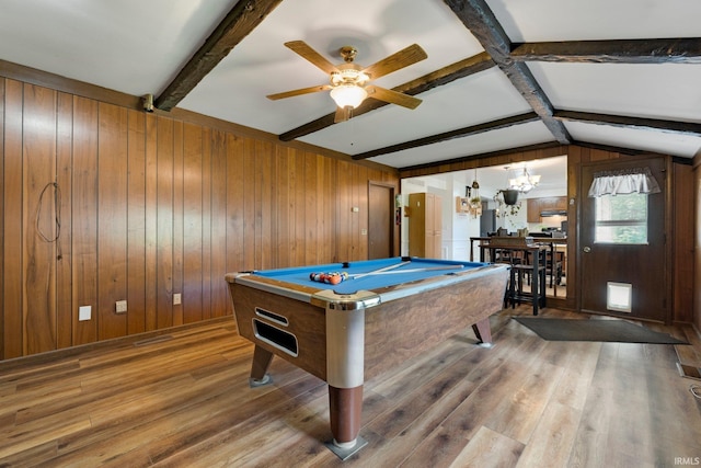 405 Inglenook Pl, Angola, IN 46703 - rec room featuring billiards, wood finished floors, wood walls, and a ceiling fan