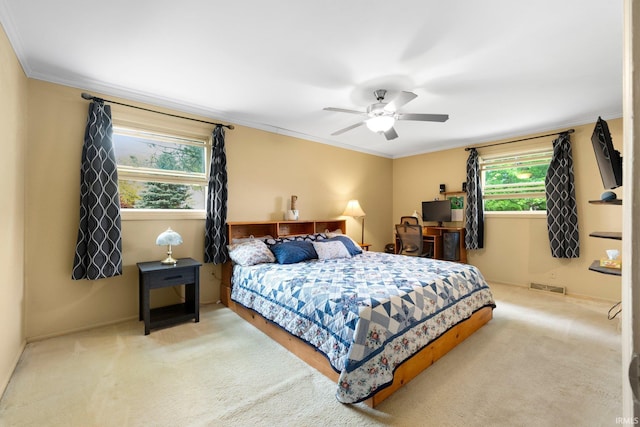 405 Inglenook Pl, Angola, IN 46703 - bedroom featuring carpet, ornamental molding, baseboards, and a ceiling fan