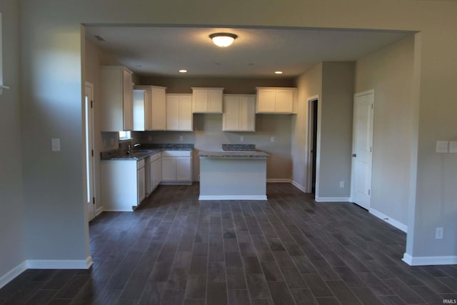 1006 E Brandy Blvd, Ellettsville, IN 47429 - kitchen with a sink, baseboards, a kitchen island, dark wood-style flooring, and recessed lighting