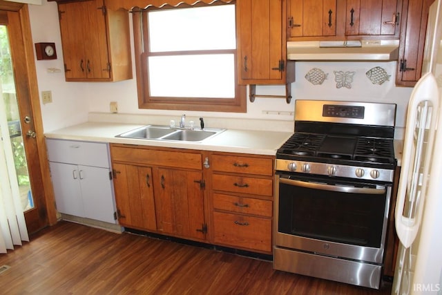 4283 E Ramp Creek Rd, Bloomington, IN 47401 - kitchen featuring stainless steel gas range, under cabinet range hood, a sink, and light countertops