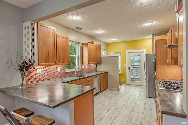 413 Lingle Ave, Lafayette, IN 47901 - kitchen with a sink, stainless steel appliances, a peninsula, dark countertops, and a textured ceiling