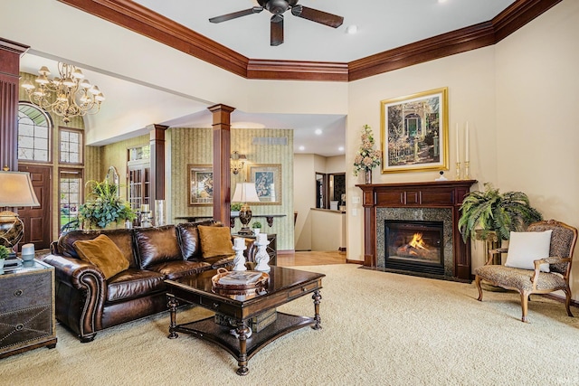 136 Tulip Cir, Bremen, IN 46506 - living area with carpet, crown molding, ornate columns, a ceiling fan, and a high end fireplace