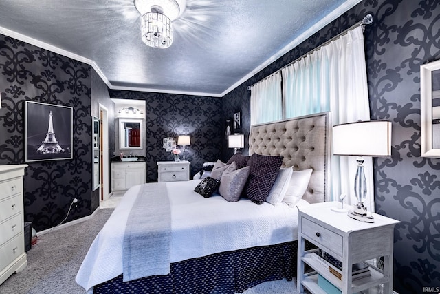 136 Tulip Cir, Bremen, IN 46506 - bedroom featuring wallpapered walls, crown molding, carpet floors, a textured ceiling, and connected bathroom
