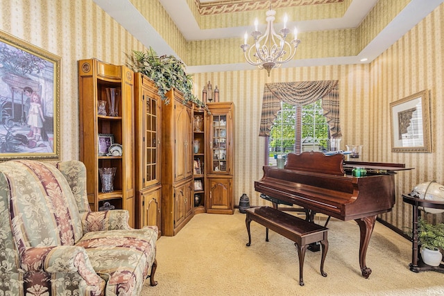 136 Tulip Cir, Bremen, IN 46506 - sitting room featuring wallpapered walls, light colored carpet, and a chandelier