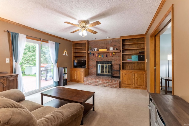 620 Bob Ct, Evansville, IN 47711 - living room with a textured ceiling, crown molding, ceiling fan, light carpet, and a fireplace