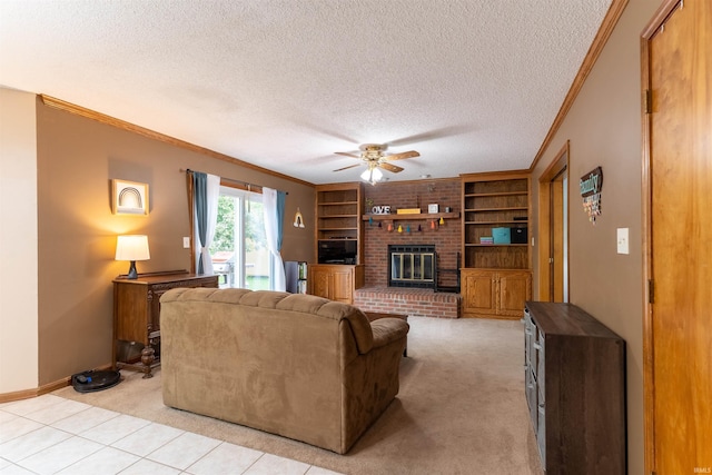 620 Bob Ct, Evansville, IN 47711 - living area featuring a textured ceiling, ceiling fan, ornamental molding, light carpet, and a fireplace
