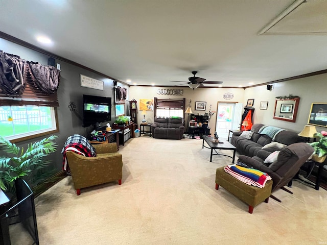 3165 E 300 S Rd, Washington, IN 47501 - carpeted living area with crown molding, attic access, and a ceiling fan