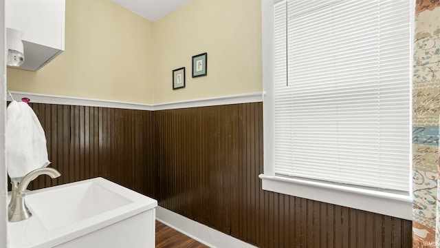1018 Loree St, Fort Wayne, IN 46805 - bathroom with a sink, wainscoting, and wood finished floors