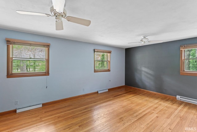 2730 Newman Rd, West Lafayette, IN 47906 - unfurnished room with a baseboard radiator, ceiling fan, light wood-style floors, baseboard heating, and baseboards