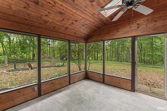 2730 Newman Rd, West Lafayette, IN 47906 - unfurnished sunroom featuring ceiling fan, vaulted ceiling, healthy amount of natural light, and a skylight
