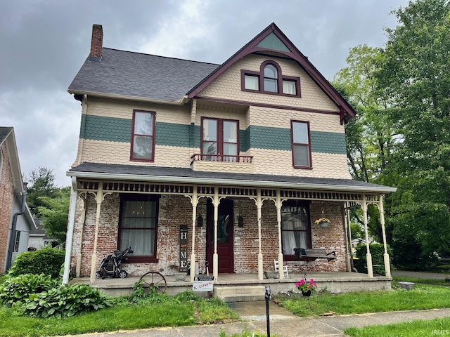 35 W Pine St, Knightstown, IN 46148 - victorian home with a porch, brick siding, and a chimney