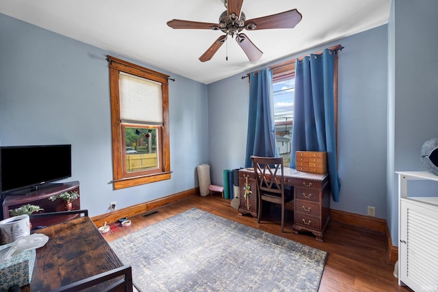 1824 Maple St, Lafayette, IN 47904 - office area with baseboards, ceiling fan, and wood finished floors