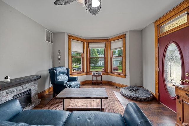 1824 Maple St, Lafayette, IN 47904 - living area featuring baseboards and a stone fireplace