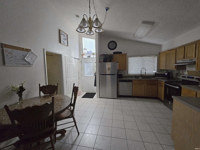 2038 Shaw Ave, Peru, IN 46970 - kitchen with stainless steel appliances, under cabinet range hood, a sink, vaulted ceiling, and dark countertops