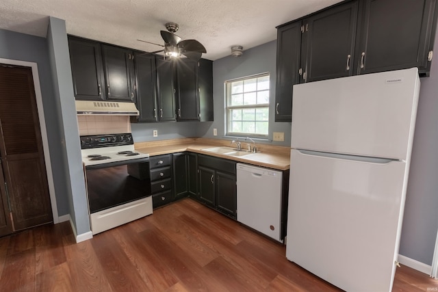 1708 Mason Dixon Dr, West Lafayette, IN 47906 - kitchen featuring white appliances, under cabinet range hood, ceiling fan, a sink, and light countertops