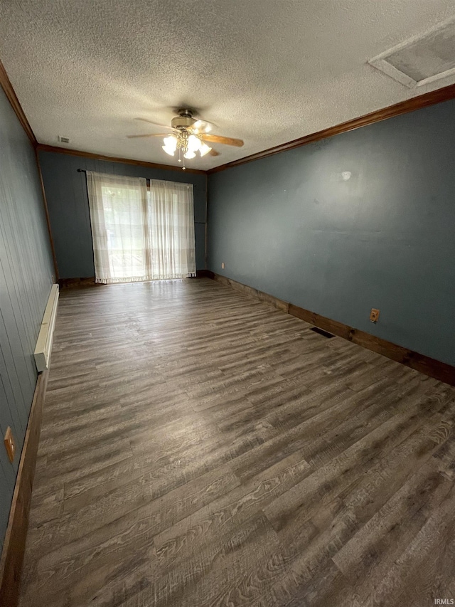2724 Elva Dr, Kokomo, IN 46902 - unfurnished room with crown molding, wood finished floors, a textured ceiling, ceiling fan, and baseboards