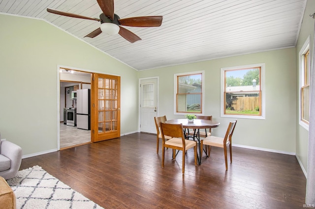 1453 Brookview Ave, Warsaw, IN 46580 - dining room featuring baseboards, wood ceiling, wood-type flooring, a ceiling fan, and vaulted ceiling