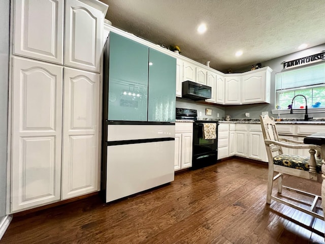 348 N Dover Clfs, Ellettsville, IN 47429 - kitchen with black appliances, a sink, dark wood-type flooring, white cabinetry, and a textured ceiling