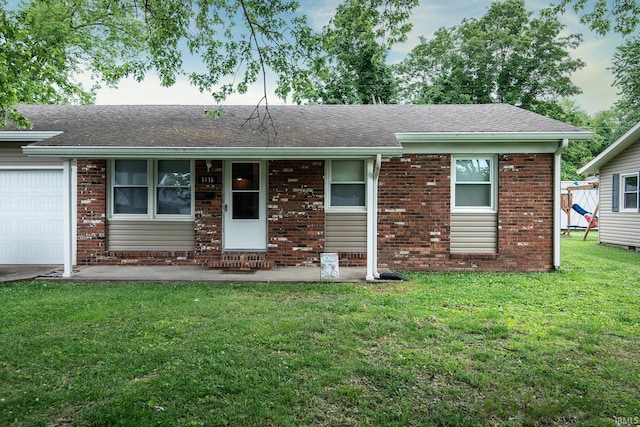 1416 State St, Vincennes, IN 47591 - ranch-style home featuring brick siding, an attached garage, a front lawn, and a shingled roof