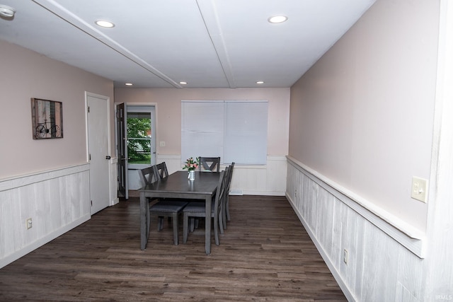 1416 State St, Vincennes, IN 47591 - dining space with a wainscoted wall, recessed lighting, dark wood-style flooring, and a decorative wall