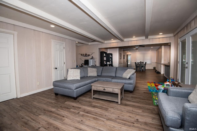 1416 State St, Vincennes, IN 47591 - living area featuring beamed ceiling, wood finished floors, ceiling fan, and recessed lighting
