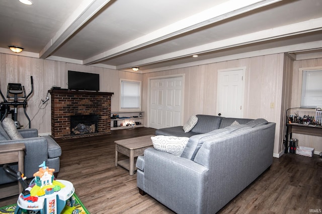 1416 State St, Vincennes, IN 47591 - living area with wood finished floors, beamed ceiling, a fireplace, and wood walls