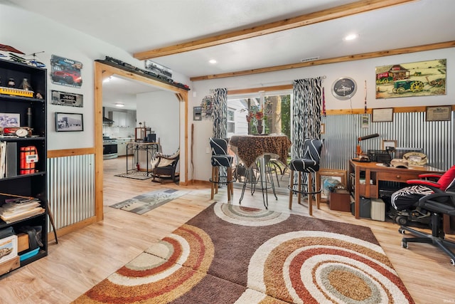 1591 W 100 N, Hartford City, IN 47348 - game room with beam ceiling, wood finished floors, an office area, recessed lighting, and a barn door