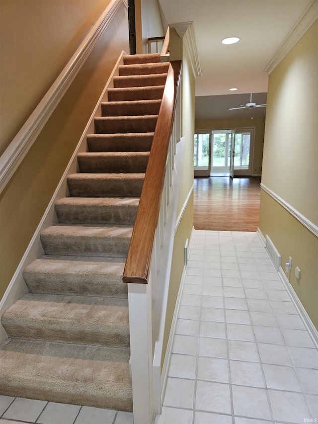 1327 Timberlake Rd, Evansville, IN 47710 - stairs with recessed lighting, a ceiling fan, crown molding, tile patterned flooring, and baseboards