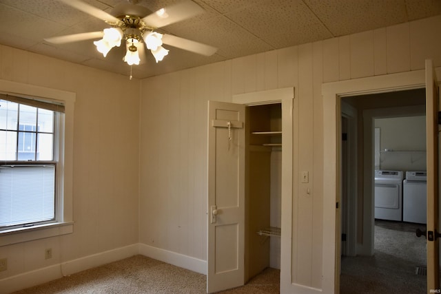 344 W 4th St, Jasper, IN 47546 - unfurnished bedroom with washer and dryer, light carpet, a closet, baseboards, and ceiling fan