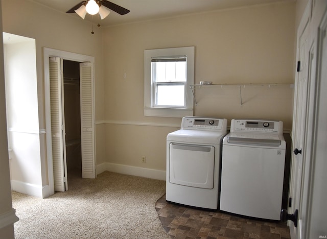 344 W 4th St, Jasper, IN 47546 - washroom with washer and clothes dryer, ceiling fan, dark carpet, and baseboards