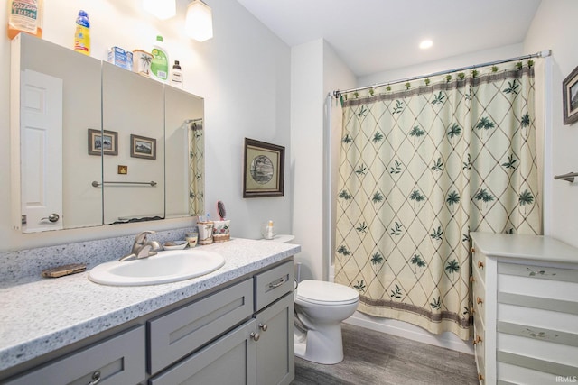 1635 Clover Creek Ln, Goshen, IN 46526 - bathroom with wood finished floors, vanity, toilet, a shower with curtain, and recessed lighting