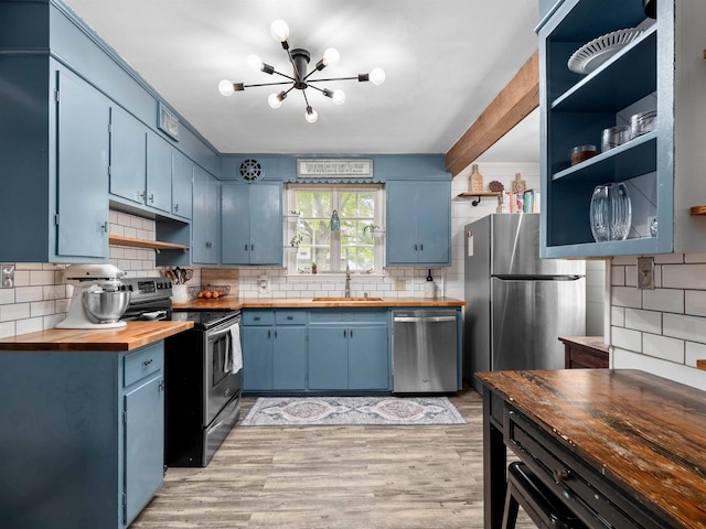 2728 E Dr, Fort Wayne, IN 46805 - kitchen featuring wooden counters, stainless steel appliances, open shelves, blue cabinets, and a sink